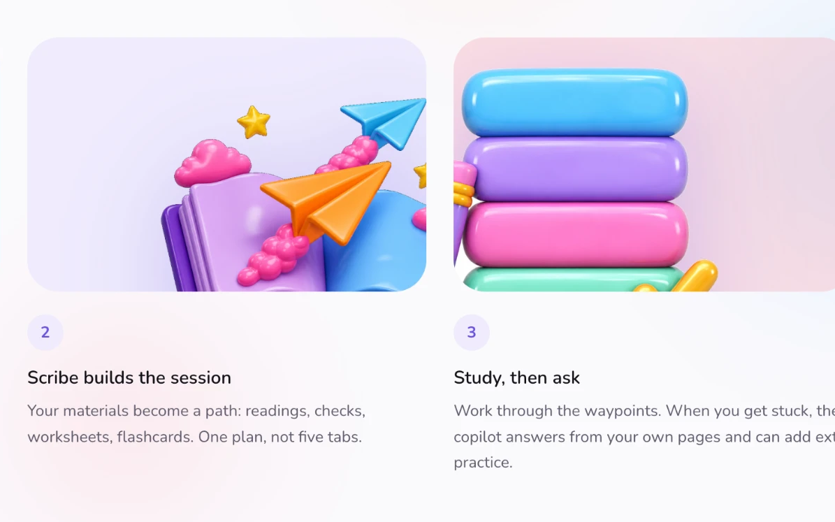 Scribe's how-it-works cards: upload your materials, Scribe builds the session, study then ask