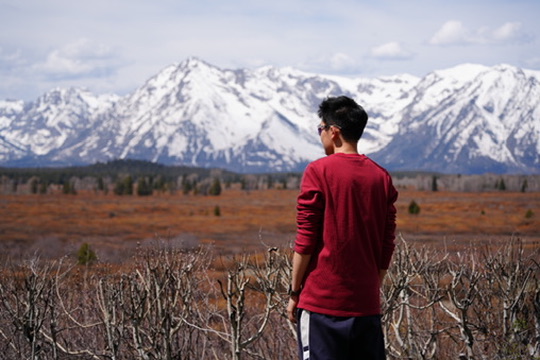 Jackson looking out over snow-capped mountains from an autumn meadow